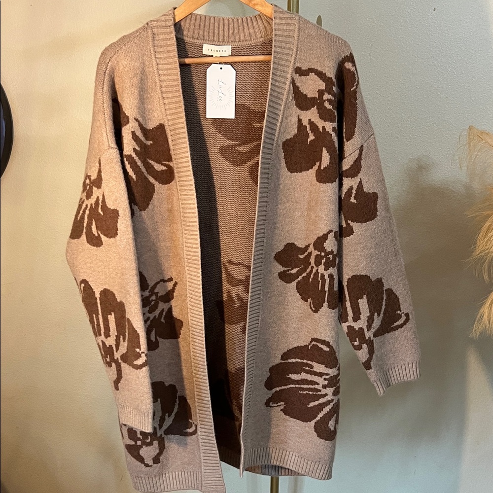 Promesa Tan and Brown Floral Cardigan